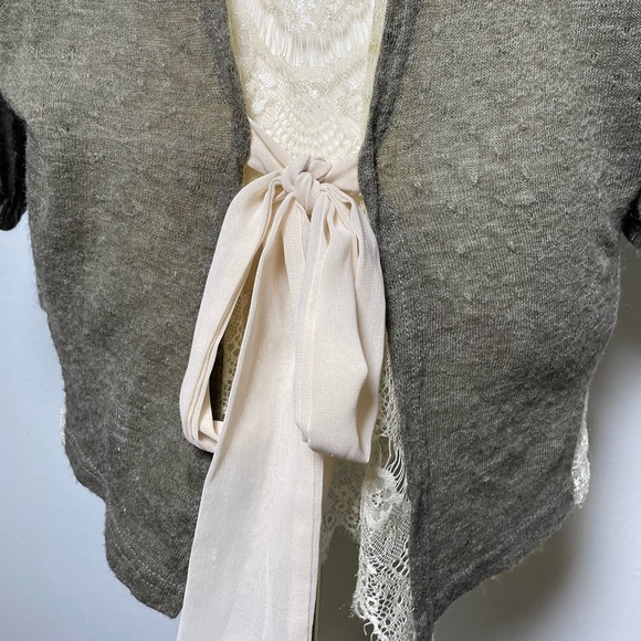 A'REVE Anthropologie Kimono Sleeve Lace Bottom Tie Back Brown Knit Top Size L - Picture 10 of 12